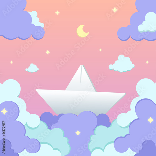 Paper boat flying in night sky with clouds in flat style vector illustration