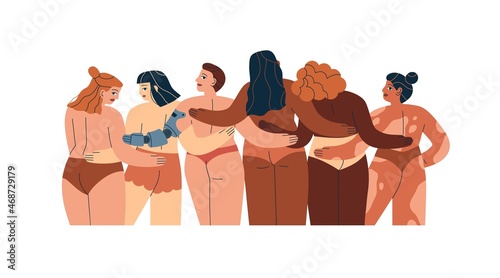 Women in underwear with different bodies, figure types, skin colors, races. Beauty in diversity concept. Row of bodypositive people hugging. Flat vector illustration isolated on white background