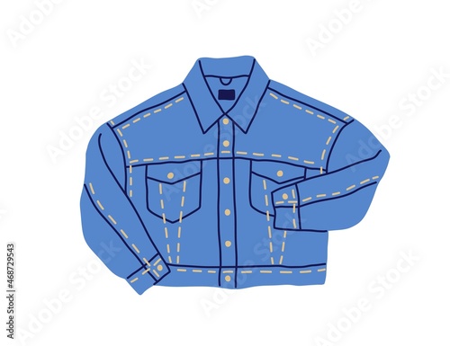 Denim jacket with buttons, pockets and stitches. Modern fashion jeans blazer. Casual loose apparel from classic blue cotton. Flat vector illustration of trendy clothes isolated on white background