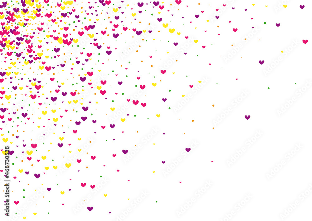 Yellow Scatter Confetti Texture. Pink Anniversary Wallpaper. Red Round Pattern. Purple Valentine Frame. Isolated Backdrop.
