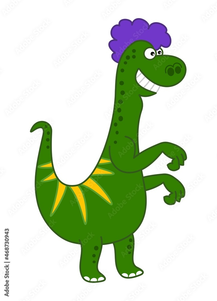 Fototapeta premium Green lizard dinosaur with purple hair on profile with smile 