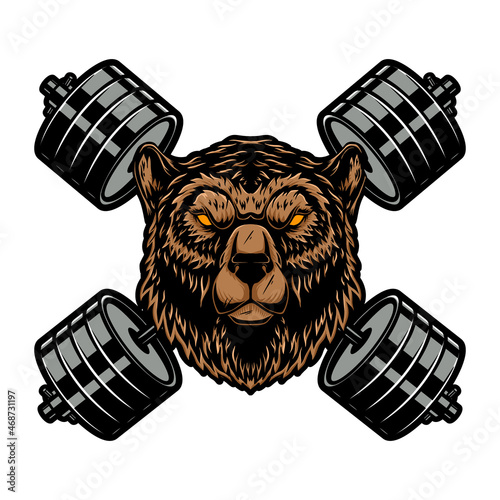 Grizzly bear with crossed barbells. Design element for logo, emblem, sign, poster, t shirt. Vector illustration