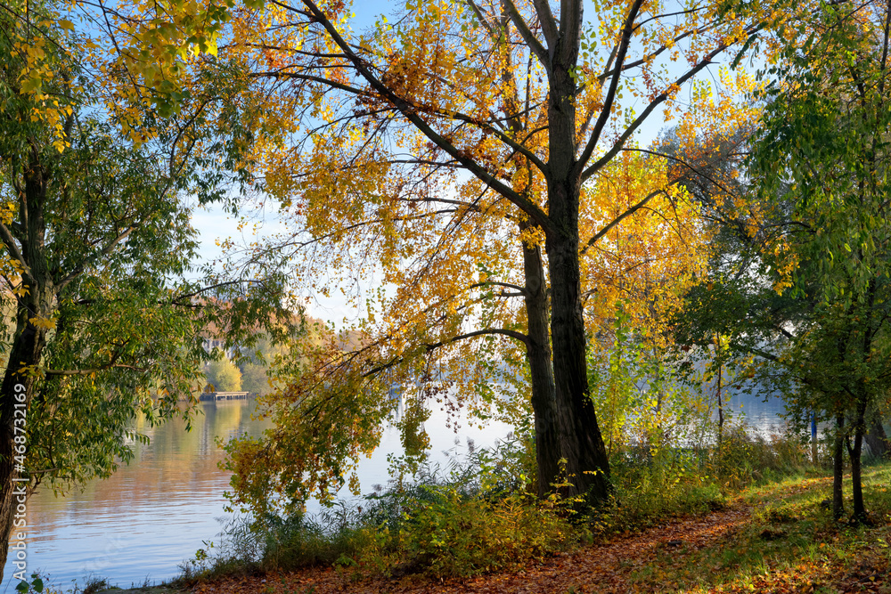 Autumn season and  Seine river bank in Paris suburb. Ivry-sur-Seine city