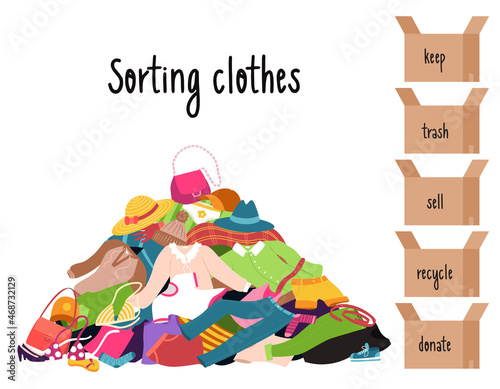Sorting clothes. A pile of clothes lying randomly on the floor. Boxes with inscriptions - donate, sell, keep, trash, recycle. Color vector illustration of isolated on a white background.