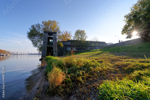 Autumn season and  Seine river bank in Paris suburb. Ivry-sur-Seine city photo