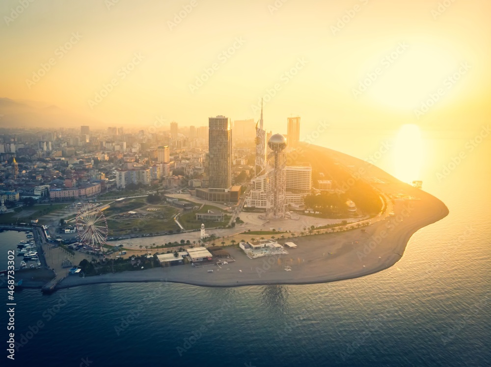 Panoamic View to Batumi coast and tourist attractions with romantic sunset in the bacground. Vacation holidays in caucasus. Georgian vegas. Panoamic View to Batumi coast and tourist attractions with romantic sunset in the bacground. Vacation holidays in caucasus. Georgian vegas.