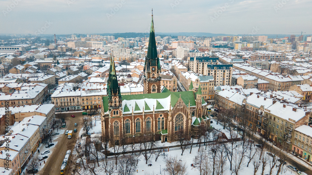 aerial view of Elzhbeta Church in lviv city aerial view of Elzhbeta Church in lviv city