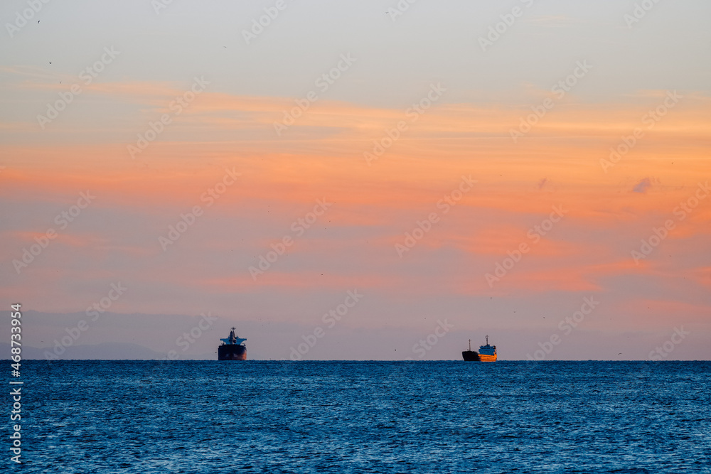Anchored cargo ships