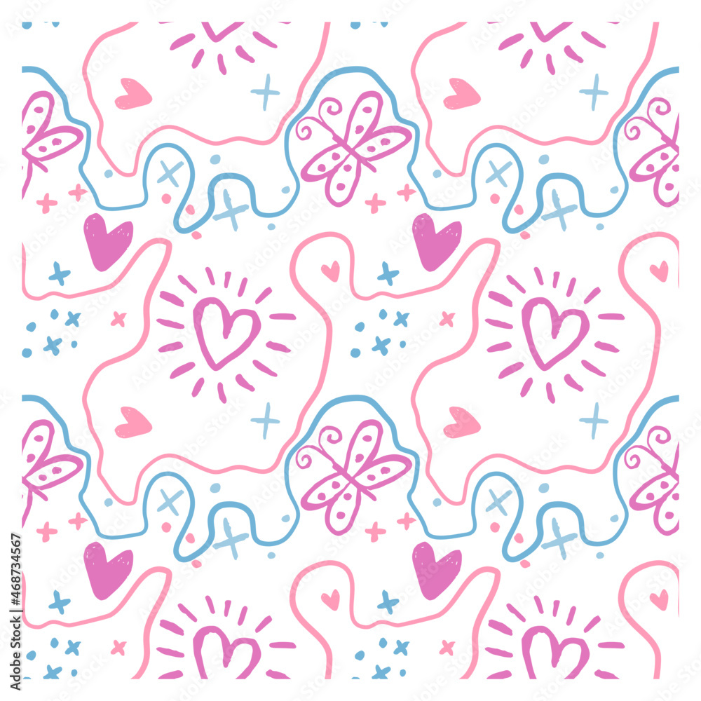 Seamless pattern with waves, stars, hearts and butterflies. Background for poster or cover.