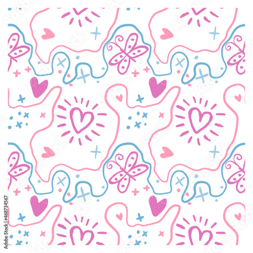 Seamless pattern with waves, stars, hearts and butterflies. Background for poster or cover.