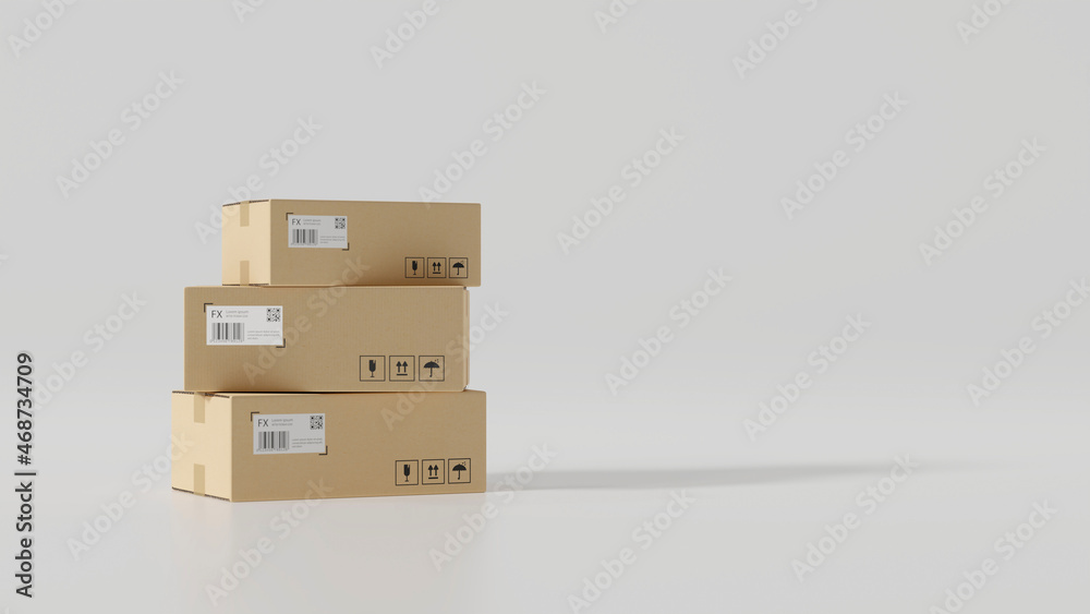Cardboard boxes with fragile signs and copy space in white background