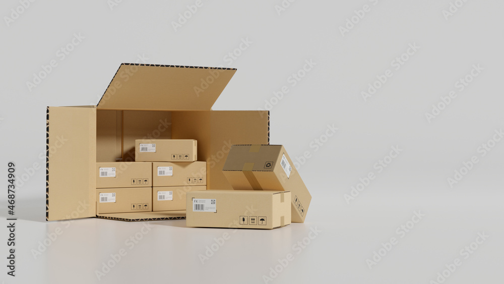 Cardboard boxes, delivery parcel boxes, brown carton packaging  on white background.