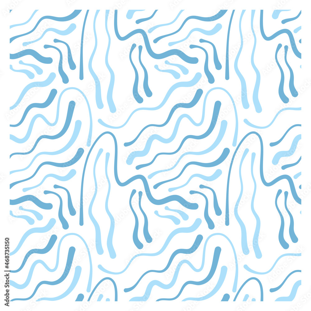 Seamless pattern of blue waves in ink lines forming abstract smiley faces.