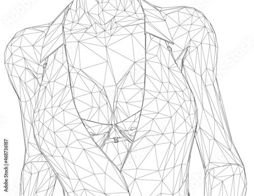 Wireframe of a female torso in a jacket with a lush breasts in a bra of black lines isolated on a white background. 3D. Vector illustration