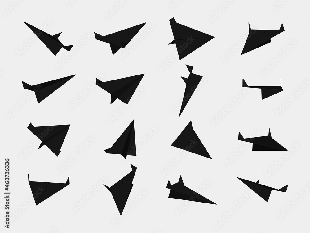 Black paper planes collection with different views and angles