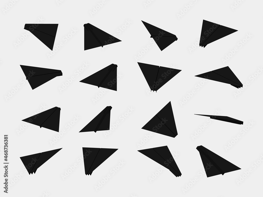Black paper planes collection with different views and angles Black paper planes collection with different views and angles