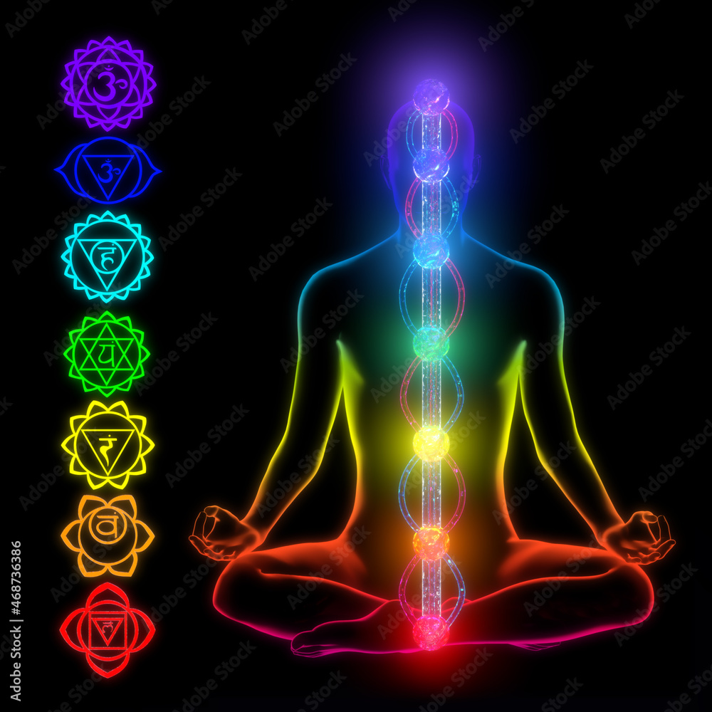 3d illustration of the human chakra and energy systems. - obrazy, fototapety, plakaty 