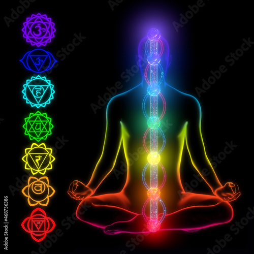 3d illustration of the human chakra and energy systems. photo