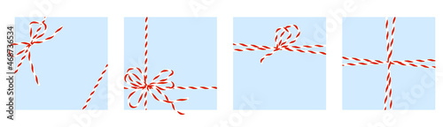 Red-white twine rope with a bow. Set decorative celebration Christmas lace for gifts, cards, letters. Vector isolated.