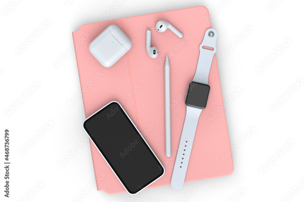 Computer tablet with stylus, smartwatch, phone and headphone on white background Computer tablet with stylus, smartwatch, phone and headphone on white background