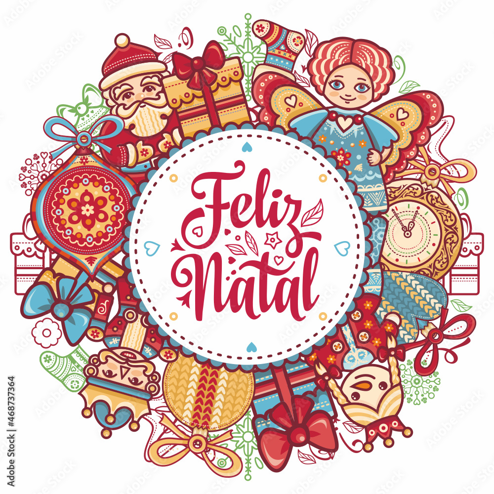 Portuguese Christmas Feliz Natal in Portugal retro letterpress poster. Portugal lettering. Merry Christmas in portuguese language Feliz Natal. Christmas on different language. Angel, Santa, xmas ball