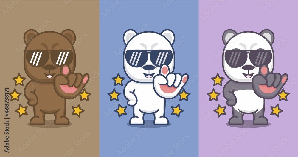 Polar bears and cute cartoon pandas give cool rocker signs. vector illustration for mascot logo or sticker