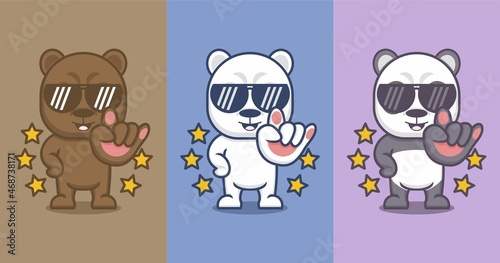 Polar bears and cute cartoon pandas give cool rocker signs. vector illustration for mascot logo or sticker