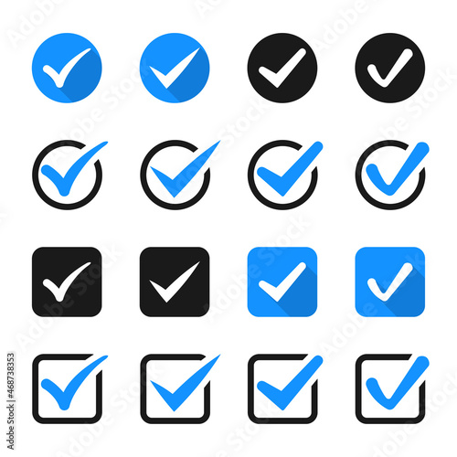 Check mark icons collection. Set of blue tick icons. Checkmark symbol