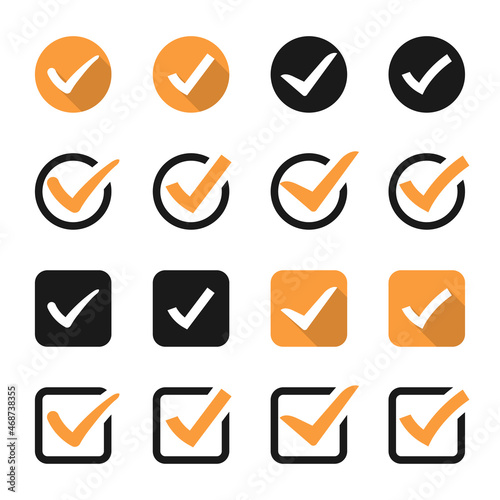 Check mark icons collection. Set of orange tick icons. Checkmark symbol