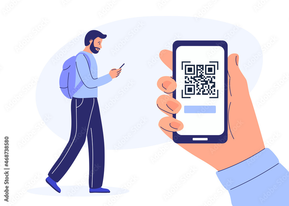 Flat young man walking near large smartphone with qr symbol on the screen. cartoon style