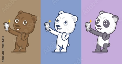 Polar bear and cute cartoon panda take selfie. vector illustration for mascot logo or sticker