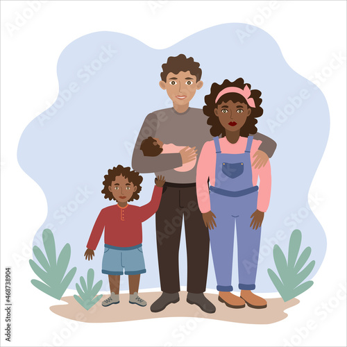 Interracial family. Couple with children. Happy family together. An African-American woman and a white man embrace a baby in their arms and a grown-up son. Vector illustration in cartoon flat style