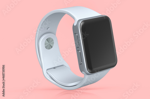 Stainless silver smart watch or fitness tracker isolated on pink background.