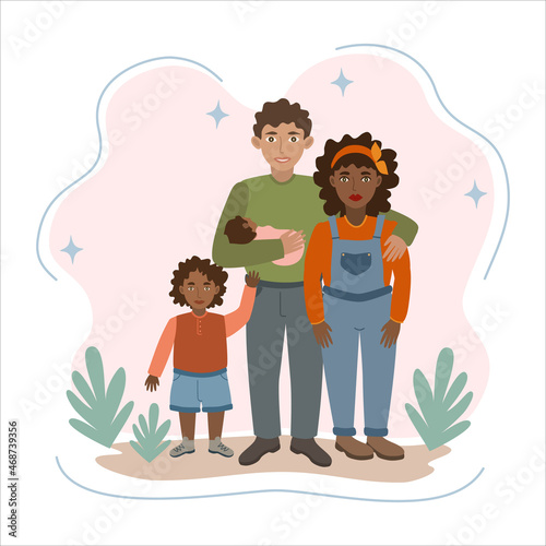 Interracial family. An African-American woman and a white man embrace a baby in their arms and a grown-up son. Couple with children. Happy family together. Vector illustration in cartoon flat style