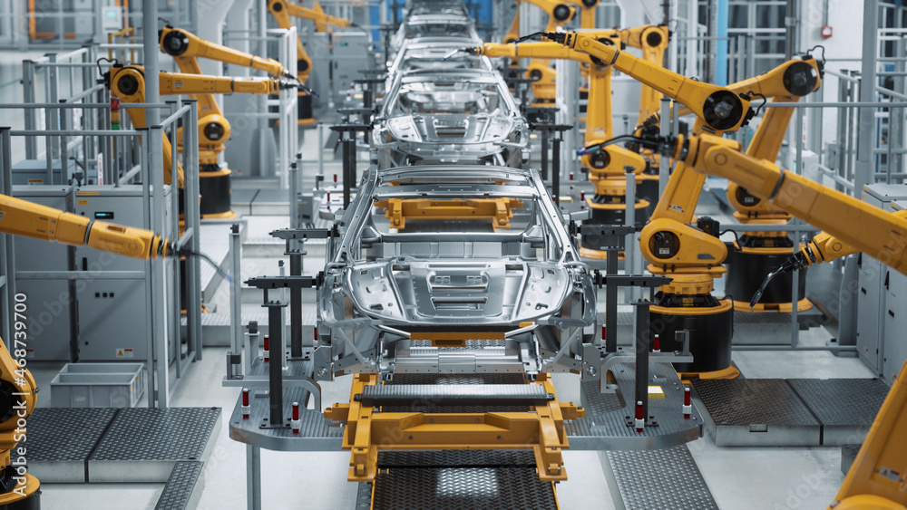 Car Factory 3D Concept: Automated Robot Arm Assembly Line Manufacturing  High-Tech Green Energy Electric Vehicles. Automatic Construction, Building,  Welding Industrial Production Conveyor. Front View Stock Photo | Adobe Stock