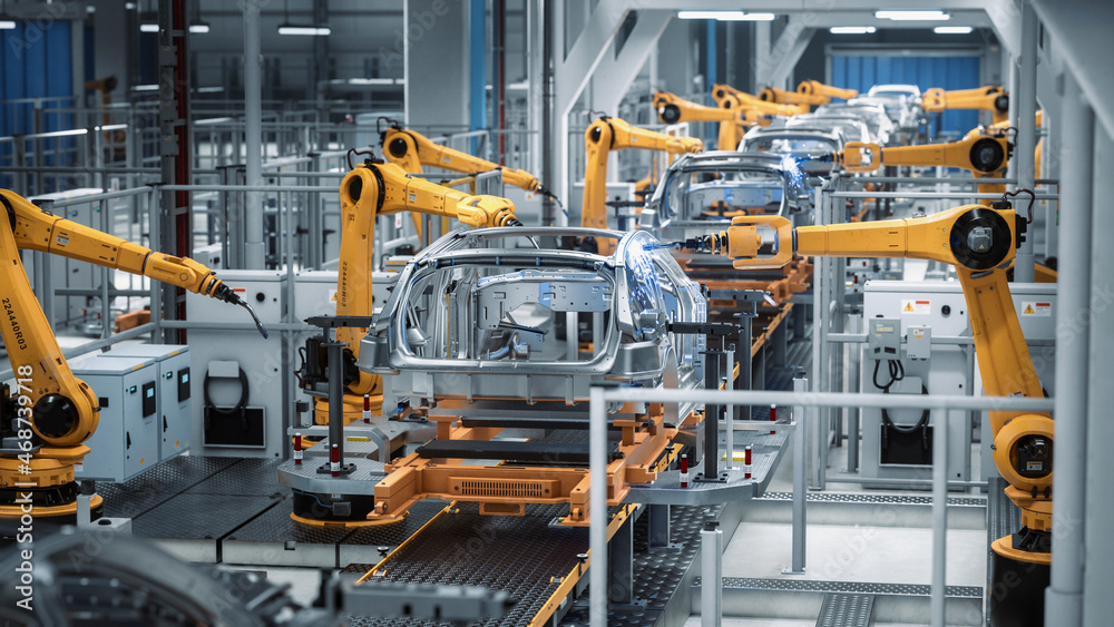Car Factory 3D Concept: Automated Robot Arm Assembly Line Manufacturing  Advanced High-Tech Green Energy Electric Vehicles. Construction, Building,  Welding Industrial Production Conveyor. Back View Photos | Adobe Stock