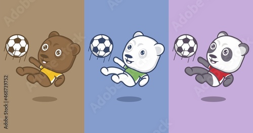 Polar bear and cute cartoon panda playing soccer. vector illustration for mascot logo or sticker