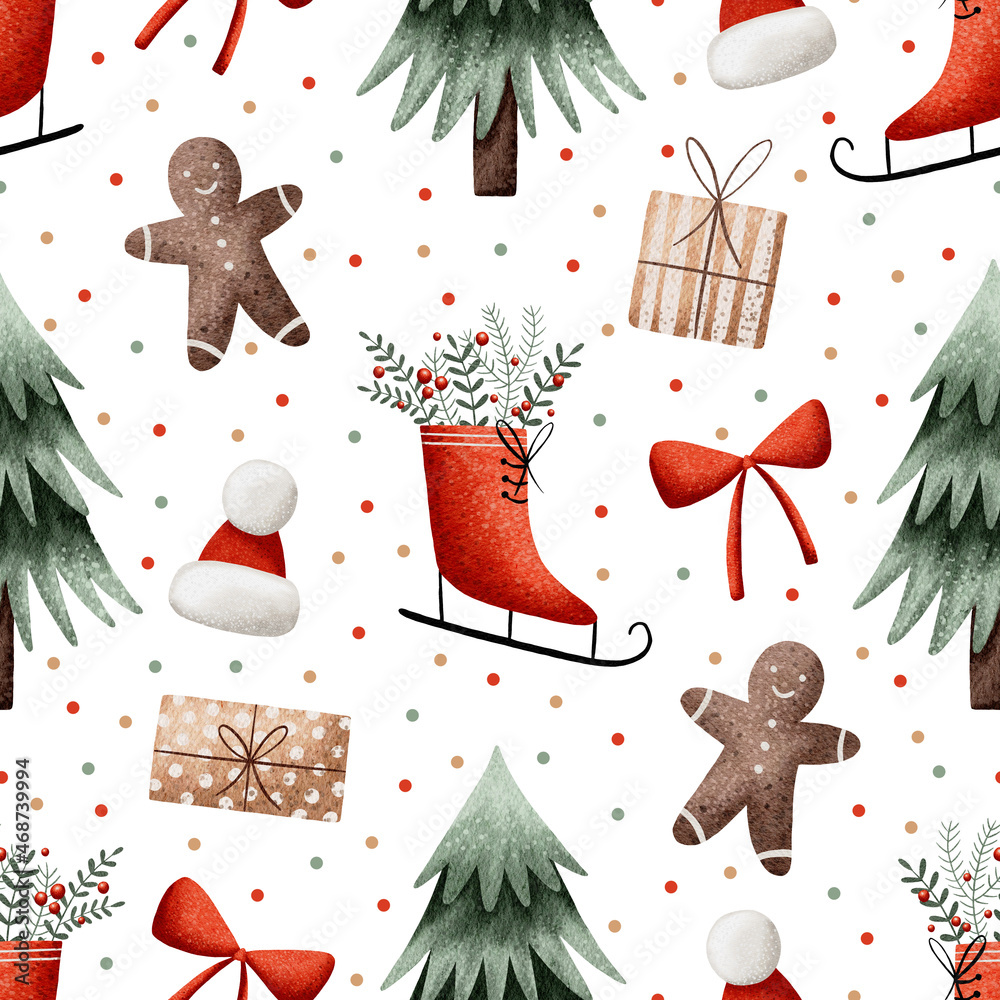 Christmas seamless pattern with gingerbread man, bow, gift,christmas tree, skate, hat and dots.