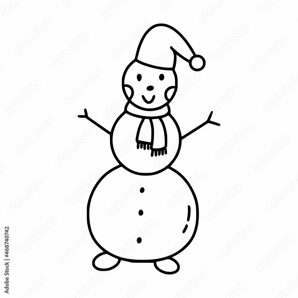 Funny snowman in doodle style. Winter character for children coloring book. Linear icon for Christmas and New Year. Decor postcard.