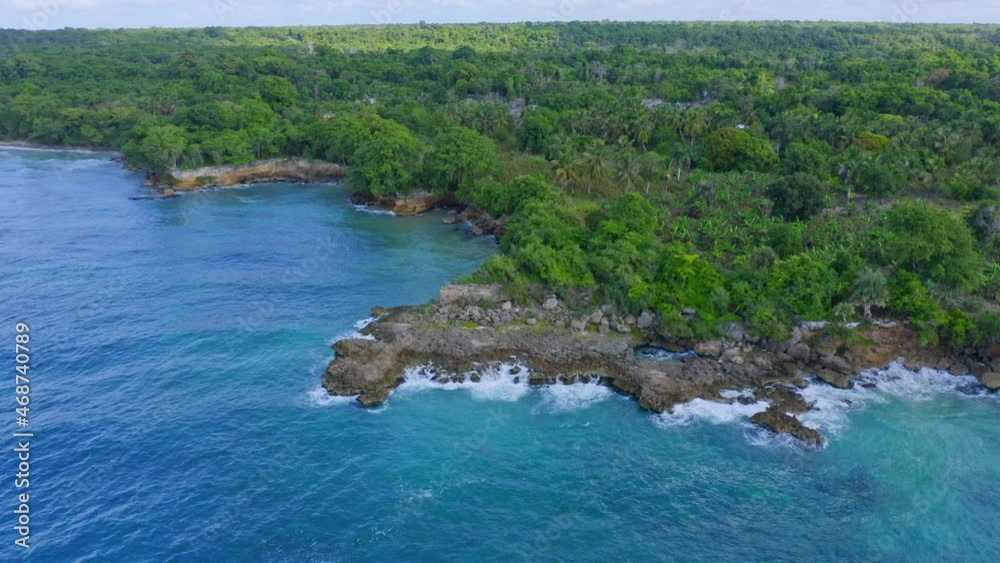 Turquoise Water With Rocky Coast At Playa Virgen Near Boca de Yuma In Dominican Republic. Aerial