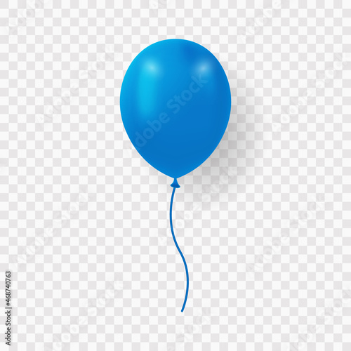 Single Dark Blue Balloon with Ribbon on Transparent Background. Blue Realistic Ballon for Party, Birthday, Anniversary, Celebration. Round Air Ball with String. Isolated Vector Illustration
