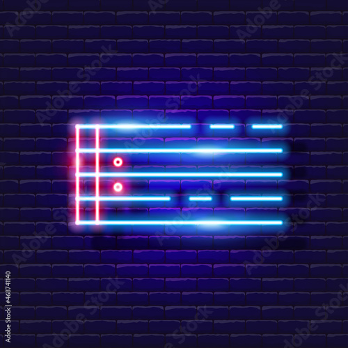 Note stave neon icon. Music staff glowing sign. Music concept. Vector illustration for Sound recording studio design, advertising, signboards, vocal studio.