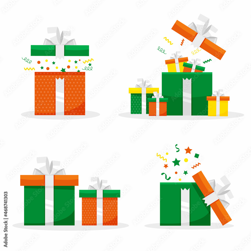 Gift boxes. A set of different colored boxes present. Surprise in a box. Vector illustration in flat style