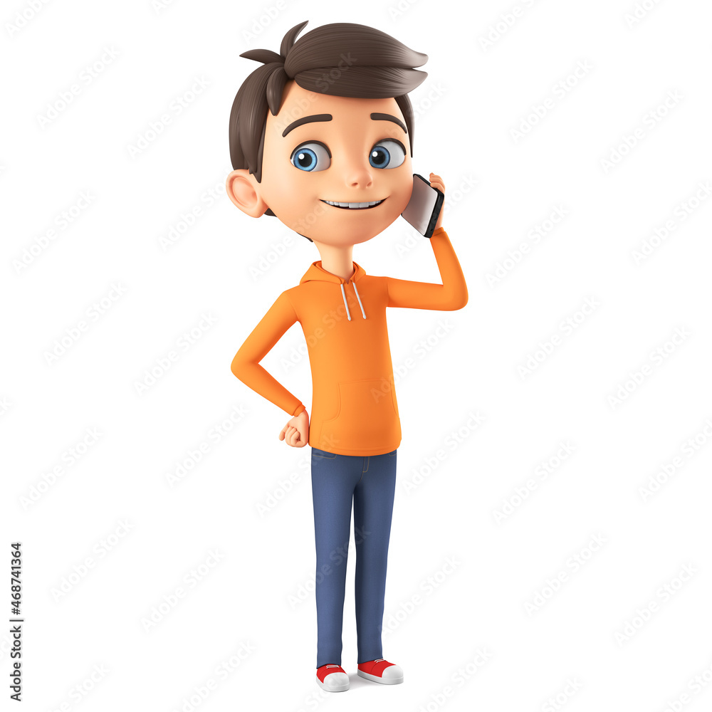Cartoon character boy in orange sweatshirt speaks by mobile phone on white isolated background. 3d render illustration. Cartoon character boy in orange sweatshirt speaks by mobile phone on white isolated background. 3d render illustration.
