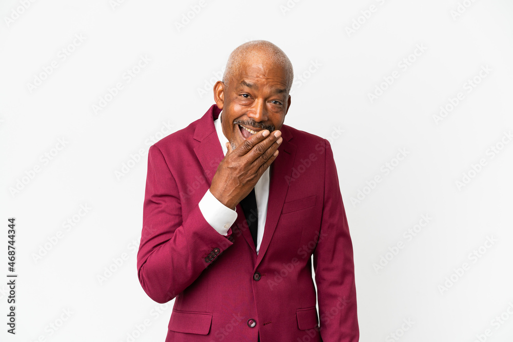 Cuban senior isolated on white background happy and smiling covering mouth with hand Cuban senior isolated on white background happy and smiling covering mouth with hand
