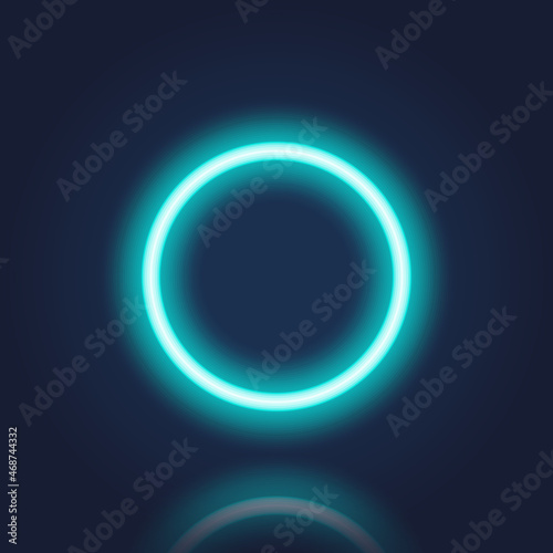 Blue Neon Frame with Reflection Effect. Realistic Circle Neon Banner with Glowing Border on Dark Background. Round Neon Shiny Sign. Electric Light Ring. Isolated Vector Illustration