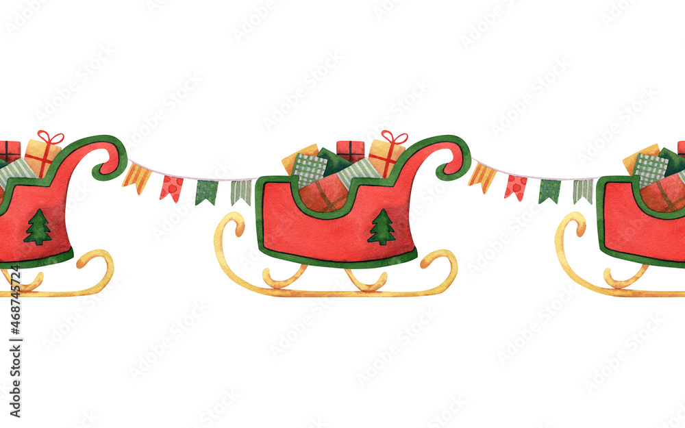 Seamless horizontal border with santa claus sleigh, garland, flags. Watercolor background for christmas banners, souvenirs, wrapping Seamless horizontal border with santa claus sleigh, garland, flags. Watercolor background for christmas banners, souvenirs, wrapping