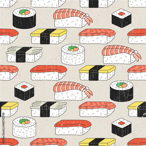 A cute pattern design of Japanese foods. 