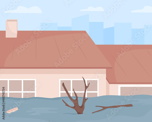 Urban flood disaster flat color vector illustration. Damage to buildings and nature. Raise water levels. Heavy precipitation impact. Overland flooding 2D cartoon cityscape with houses on background