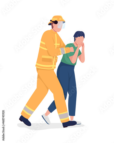 First responder rescuing frightened woman semi flat color vector characters. Full body people on white. Firefighter isolated modern cartoon style illustration for graphic design and animation